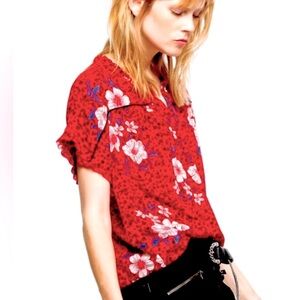 Zadig & Voltaire Short Sleeve Terson Pensee Red Floral Silk Blouse. Size Medium